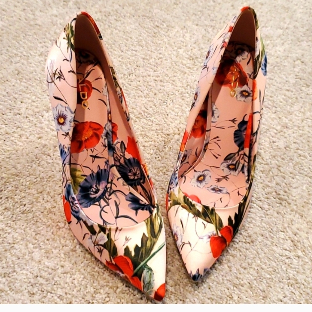 Aldo Red and Blue Heels with Artistic Floral Design